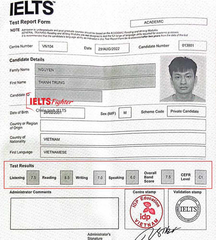 th&agrave;nh trung 7.5 IELTS bảng điểm