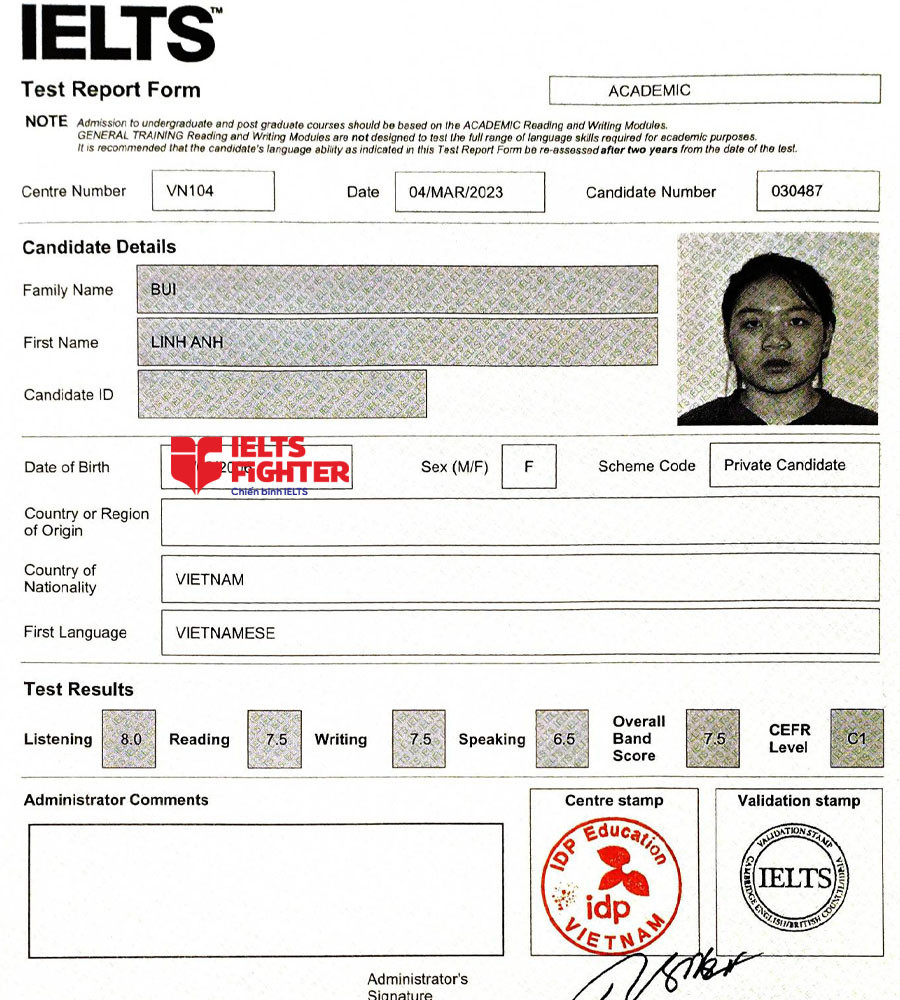 bảng điểm linh anh 7.0 ielts