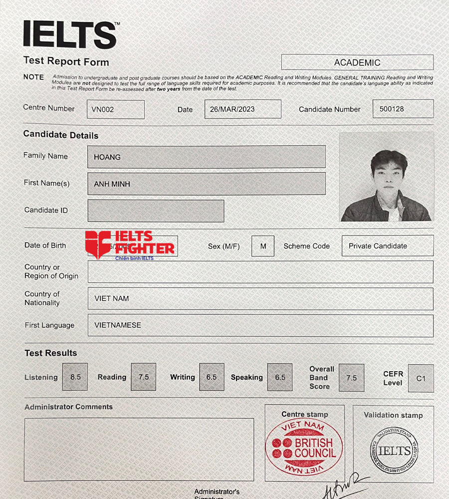 bảng điểm anh minh 7.0 ielts