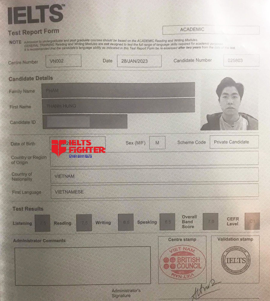 bảng điểm thanh h&ugrave;ng 7.0 ielts