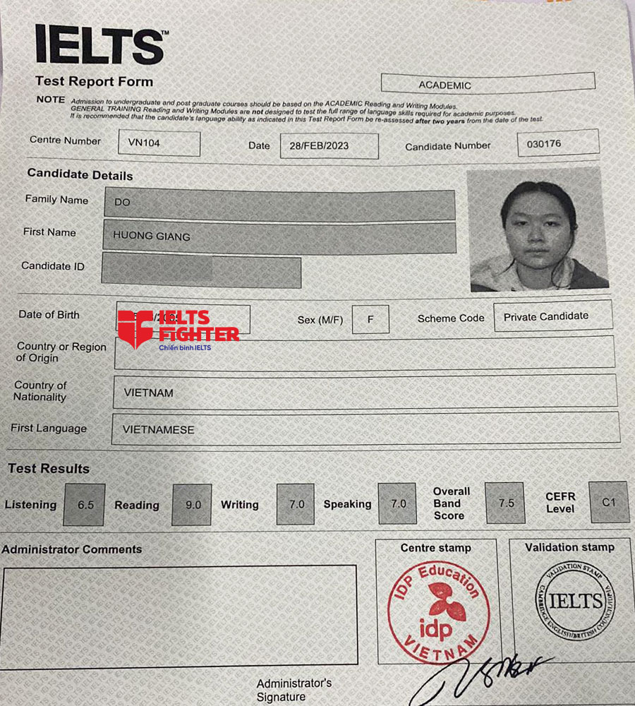 Học vi&ecirc;n Hương giang 7.5 IELTS