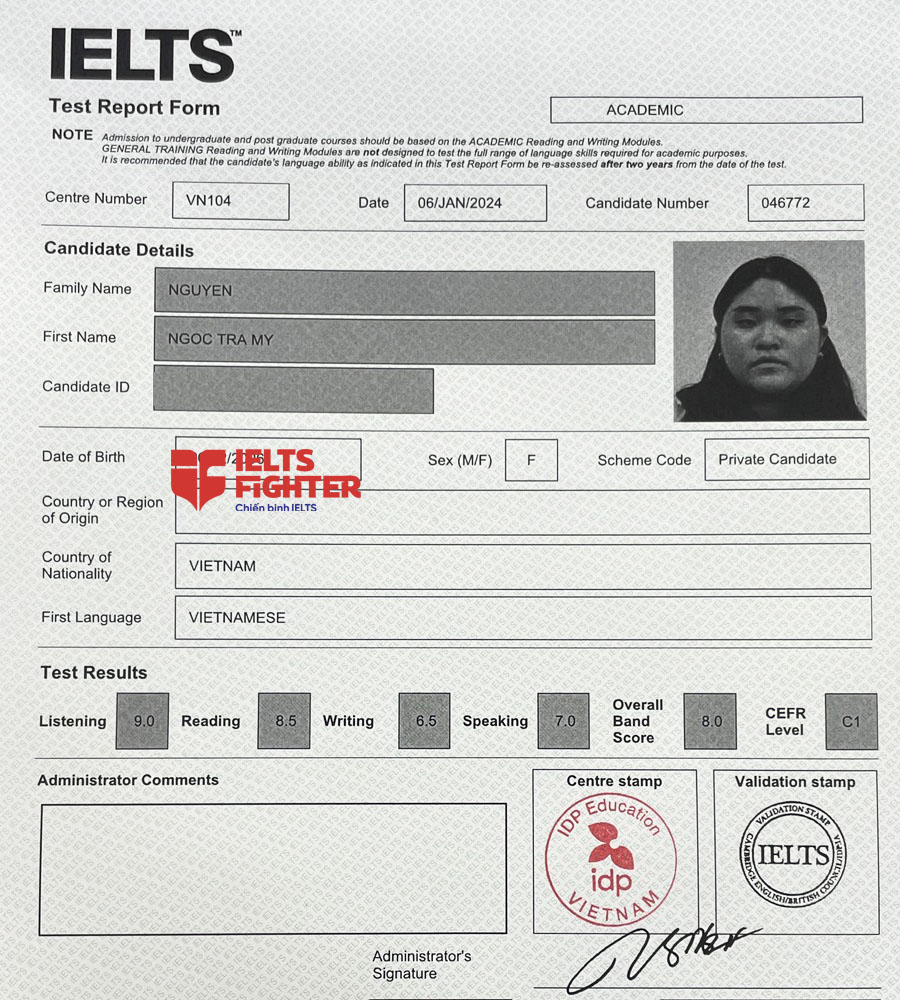 bảng điểm Tr&agrave; My 8.0 IELTS