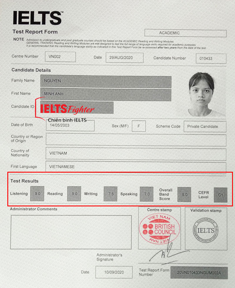 Bảng điểm Minh Anh 8.0 IELTS