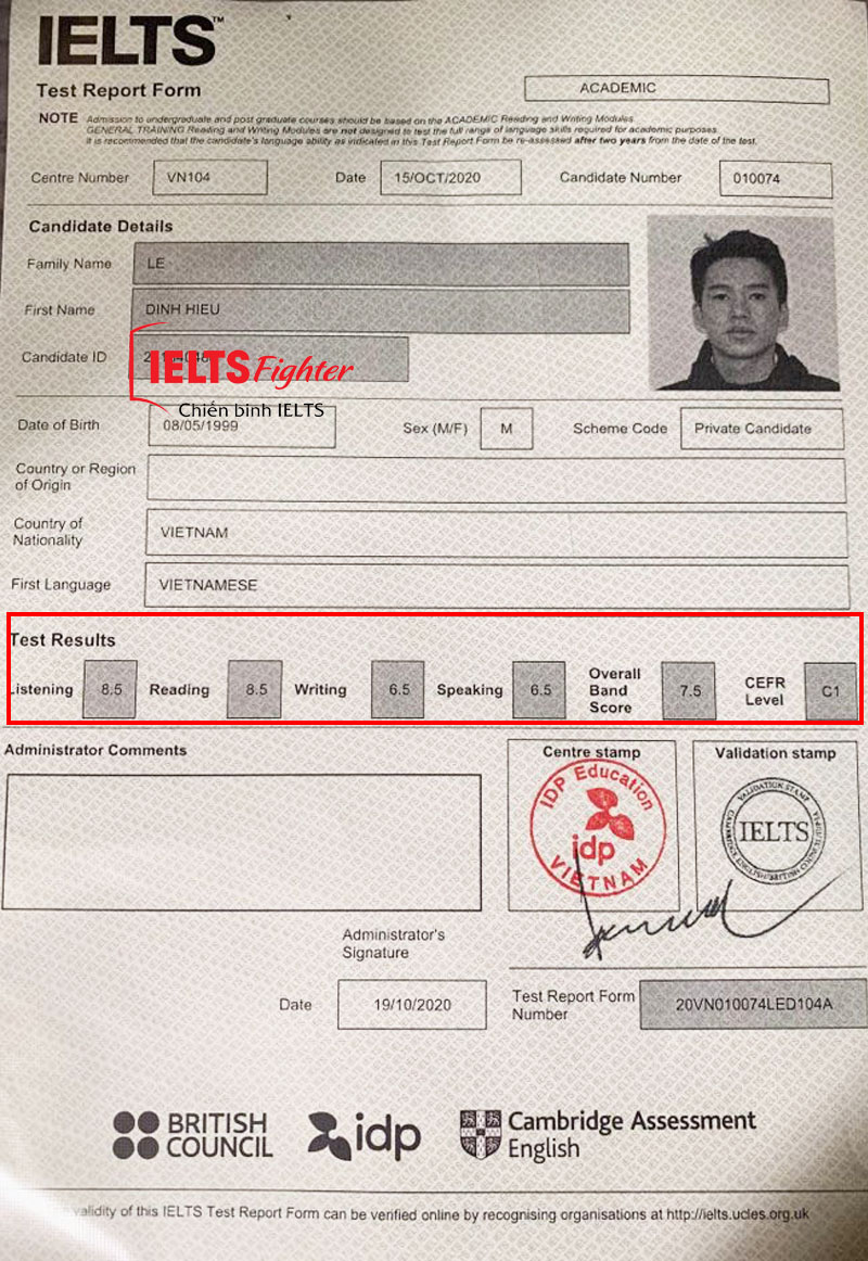 Bảng điểm của Hiếu 1