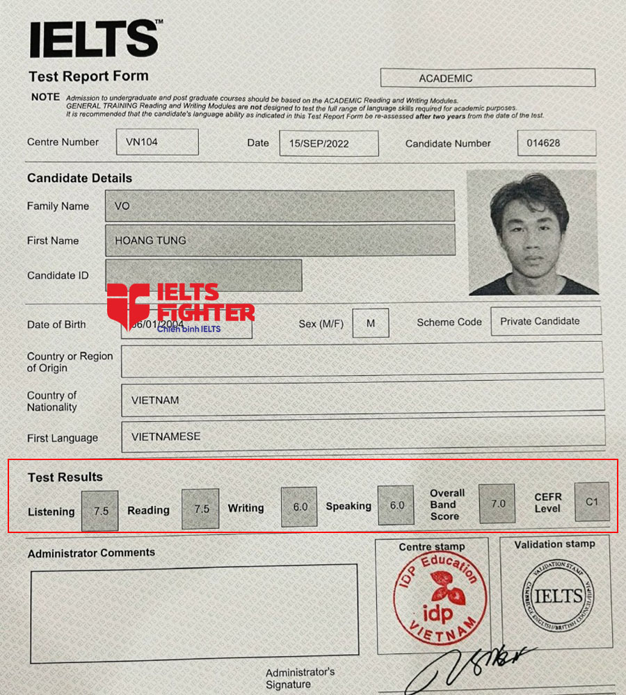 bảng điểm t&ugrave;ng 7.5 ielts