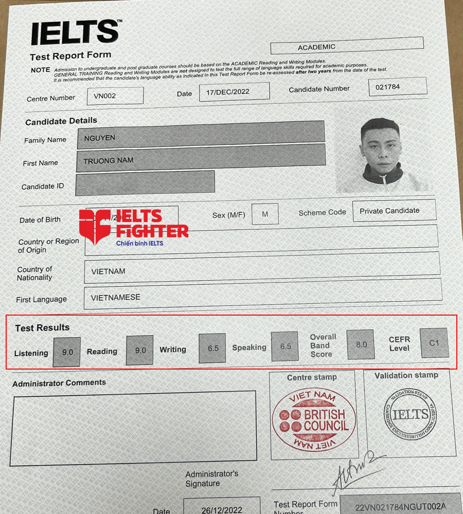 bảng điểm trường nam 8.0 IELTS