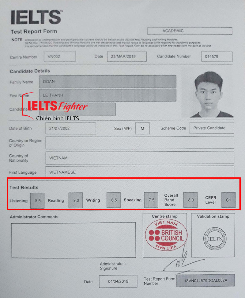 Bảng điểm Đoàn Lê Thành