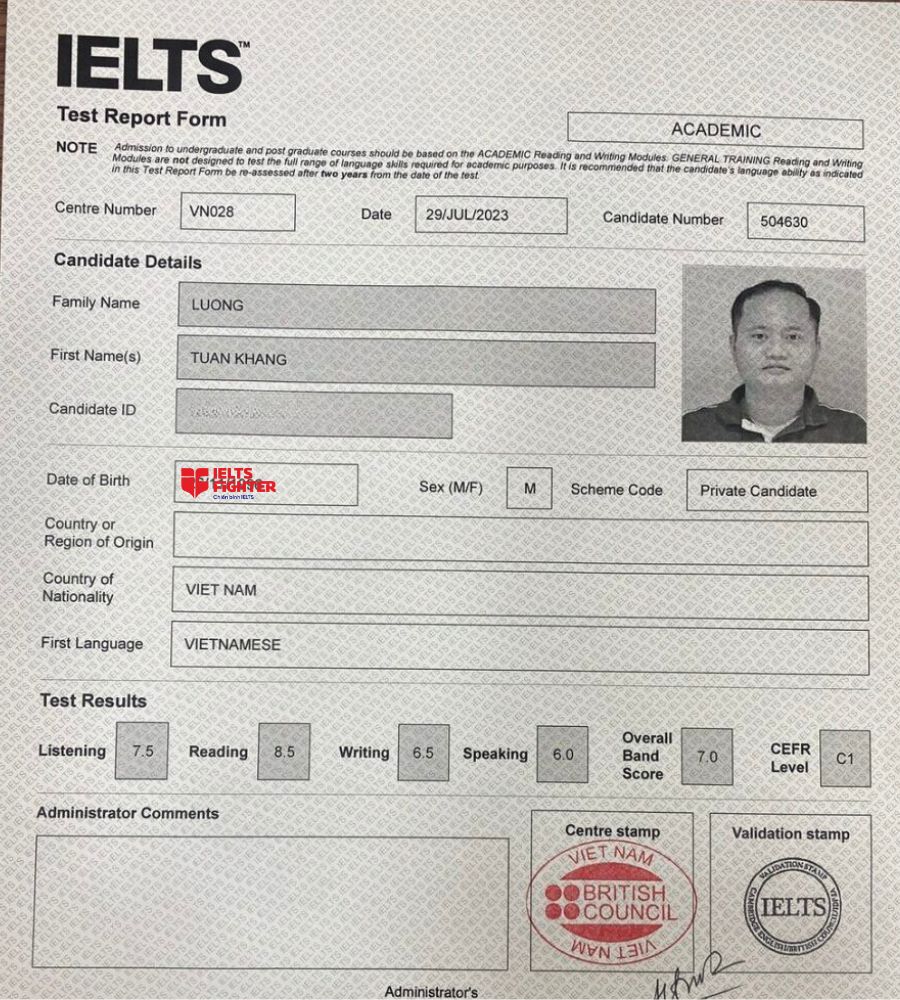 Bảng điểm ấn tượng 7.0 IELTS của anh Tuấn Khang 