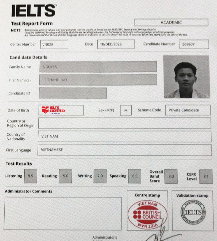 Bảng điểm 8.0 ấn tượng của học viên Thành Đạt