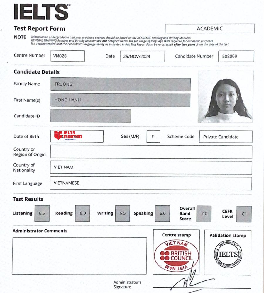 Bảng điểm 7.0 IELTS của học vi&ecirc;n Hồng Hạnh