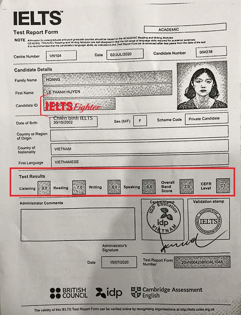 Bảng điểm của Huyền 