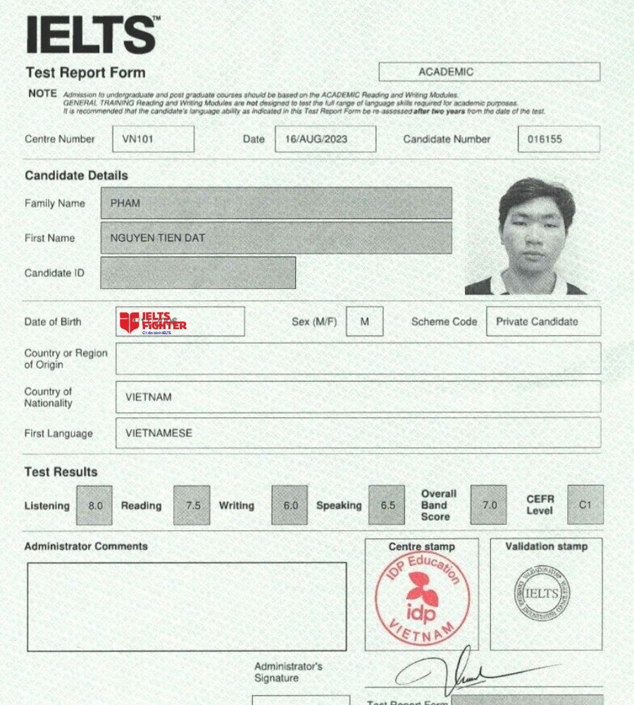 Bảng điểm 7.0 xuất sắc của học vi&ecirc;n Tiến Đạt cơ sở Điện Bi&ecirc;n Phủ