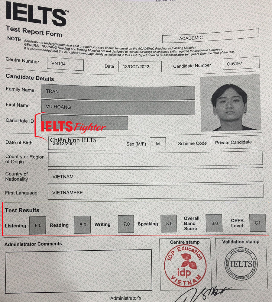 bảng điểm vũ hoàng 8.0 ielts