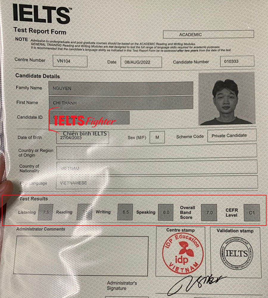 bảng điểm chí thành 7.0 ielts
