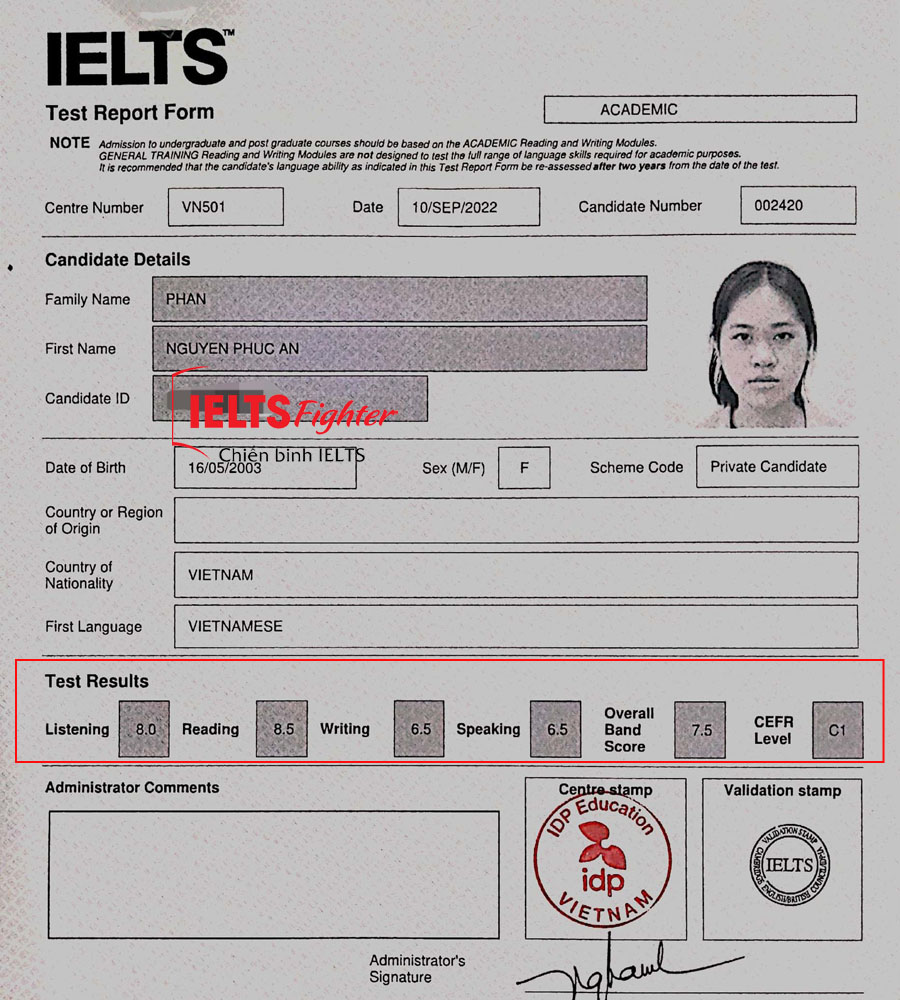 bảng điểm phúc an 7.5 ielts