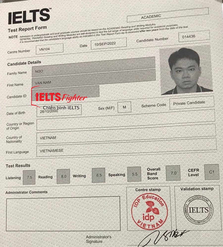 bảng điểm văn nam 7.0 ielts