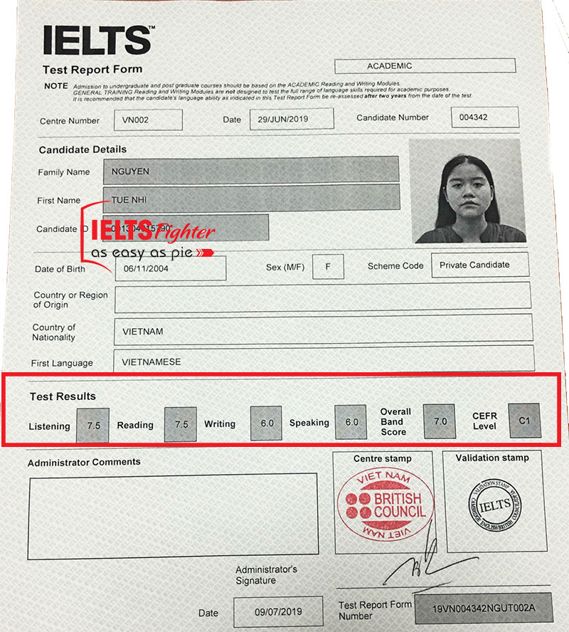 Bảng điểm của học viên Tuệ Nhi 7.0 IELTS