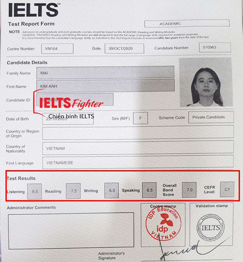 bảng điểm Mai kim anh 7.0 IELTS