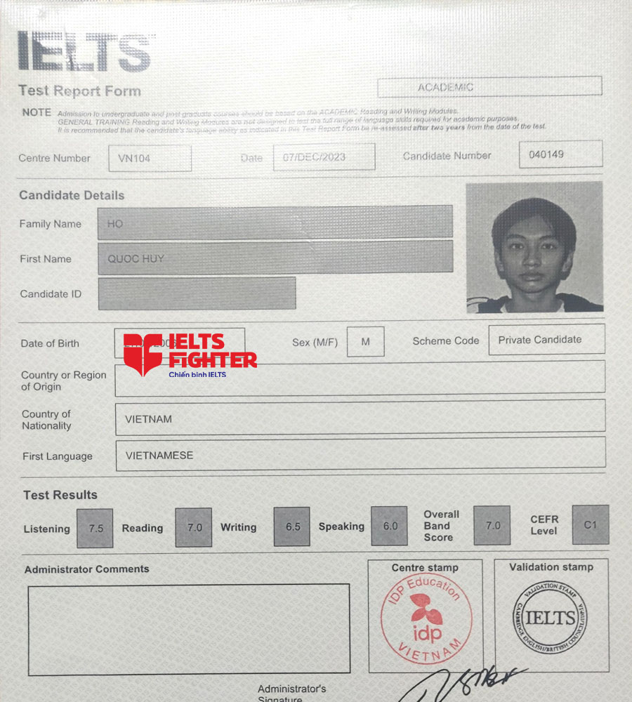 bảng điểm Quốc Huy 7.0 IELTS