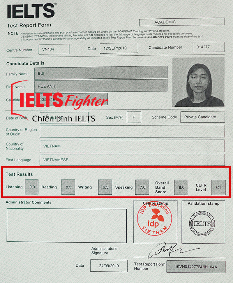 bảng điểm 8.0 IELTS của Huệ Anh