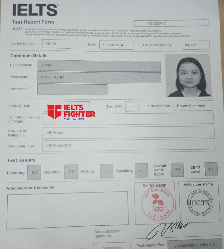 bảng điểm tống Kh&aacute;nh Linh 7.5 IELTS