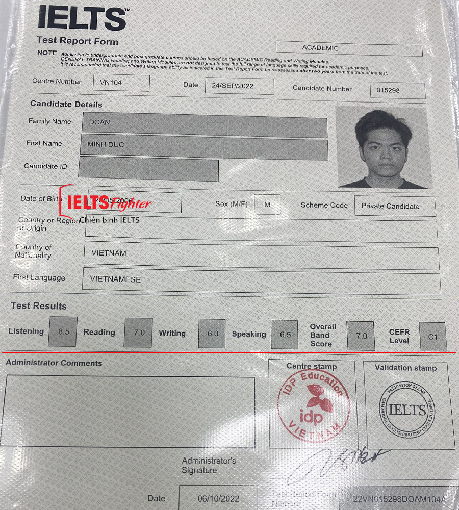 bảng điểm minh đước 7.0 IELTS 