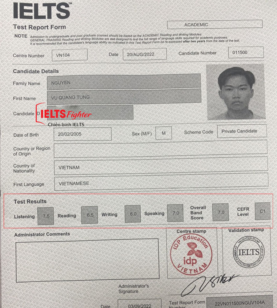 bảng điểm quang t&ugrave;ng 7.0 ielts