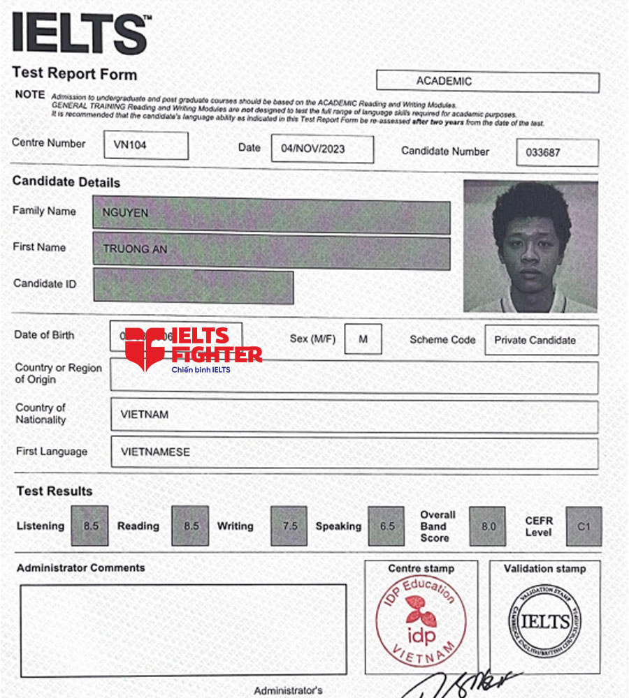 bảng điểm trường an 8.0 IELTS