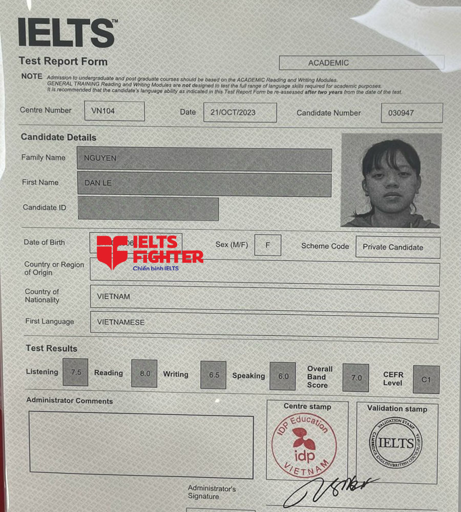 bảng điểm đan lê 7.0 IELTS