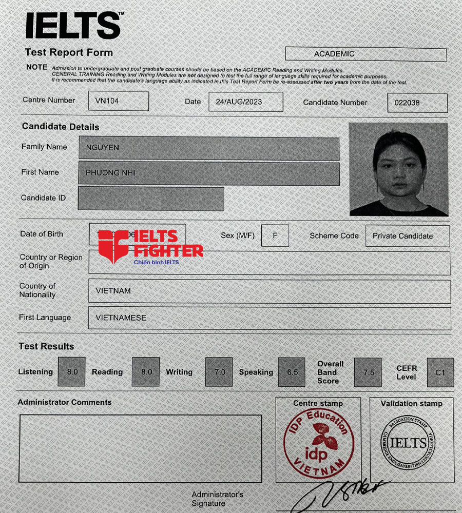 bảng điểm phương nhi 7.5 ielts