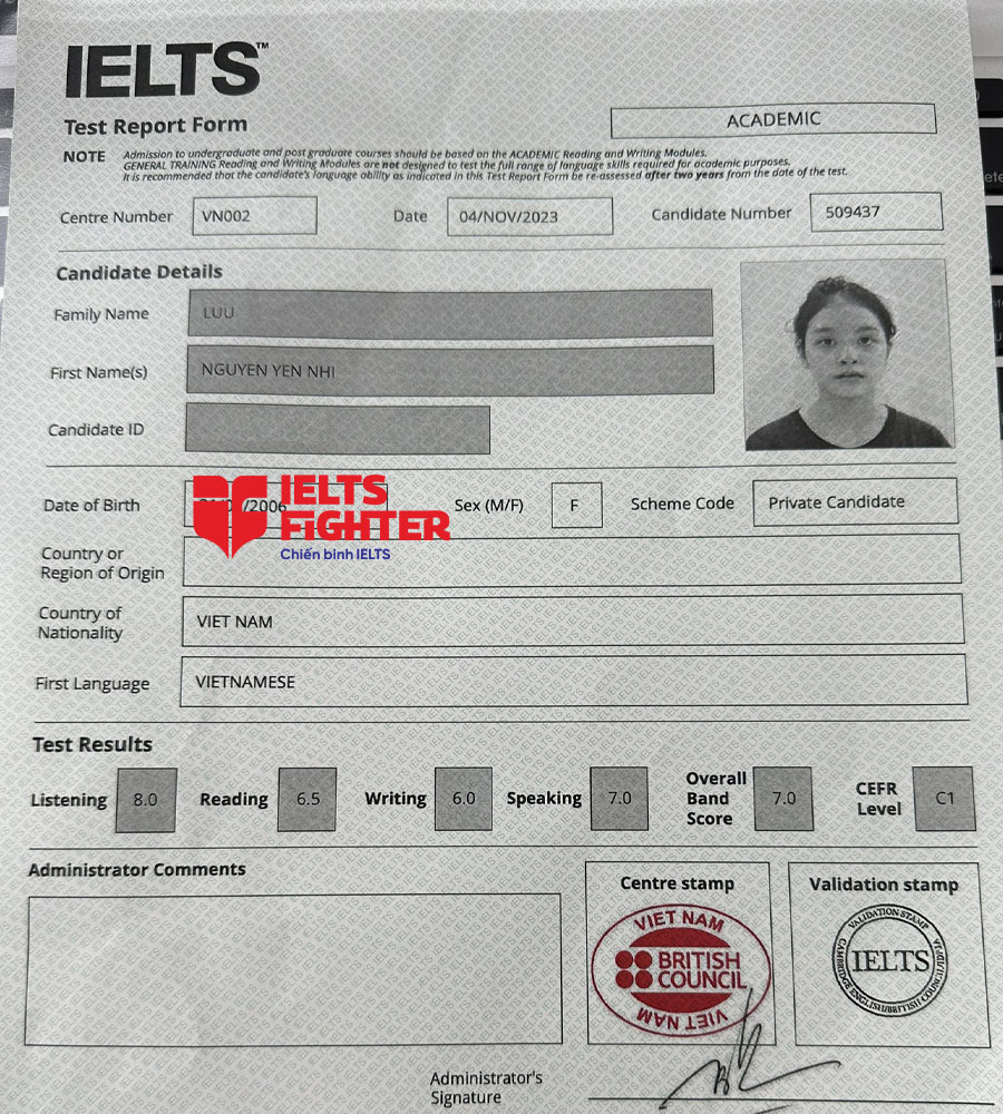 bảng điểm Yến Nhi 7.0 IELTS