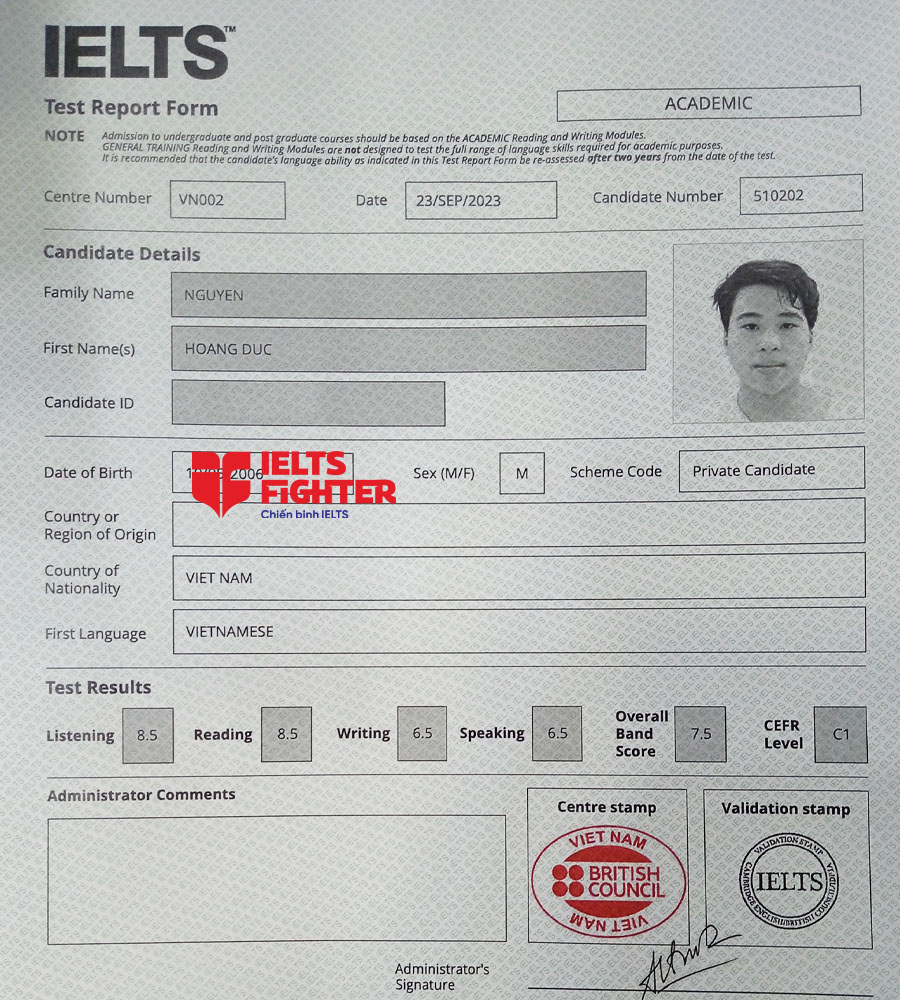bảng điểm hoàng đức 7.5 IELTS