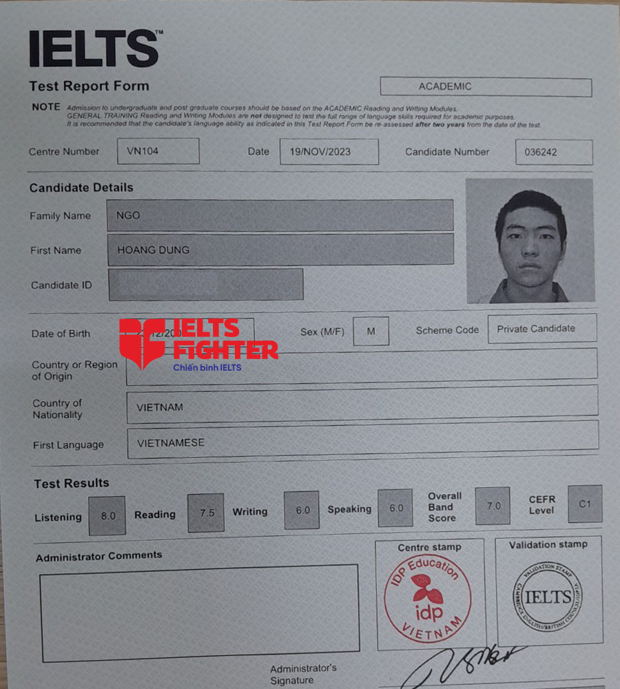 bảng điểm Hoàng Dũng 7.0 IELTS
