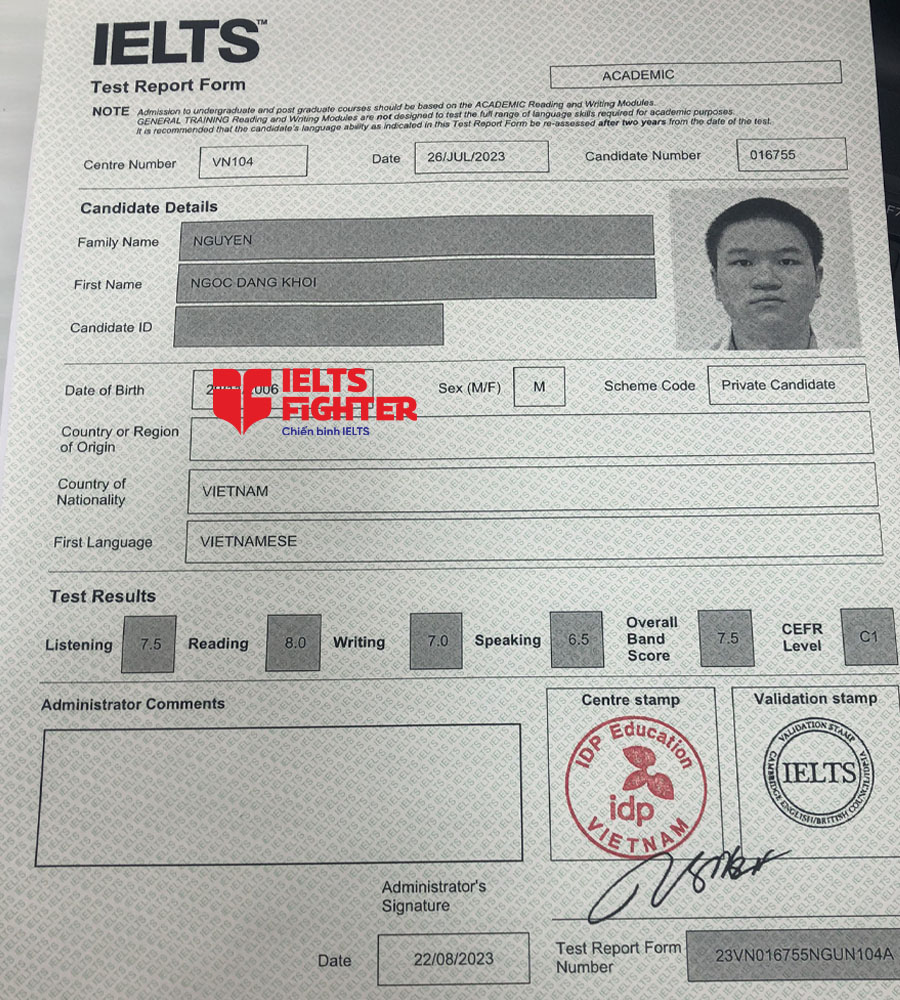 bảng điểm đăng khôi 7.5 ielts