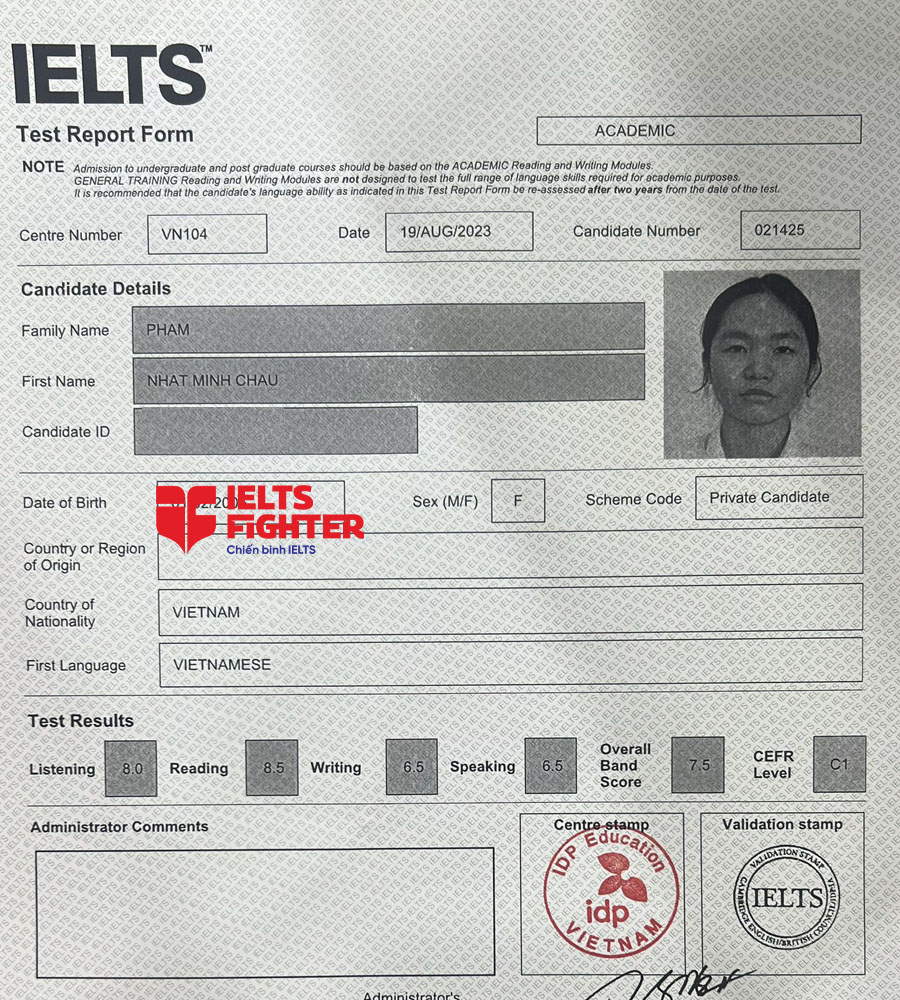bảng điểm minh ch&acirc;u 7.5 IELTS