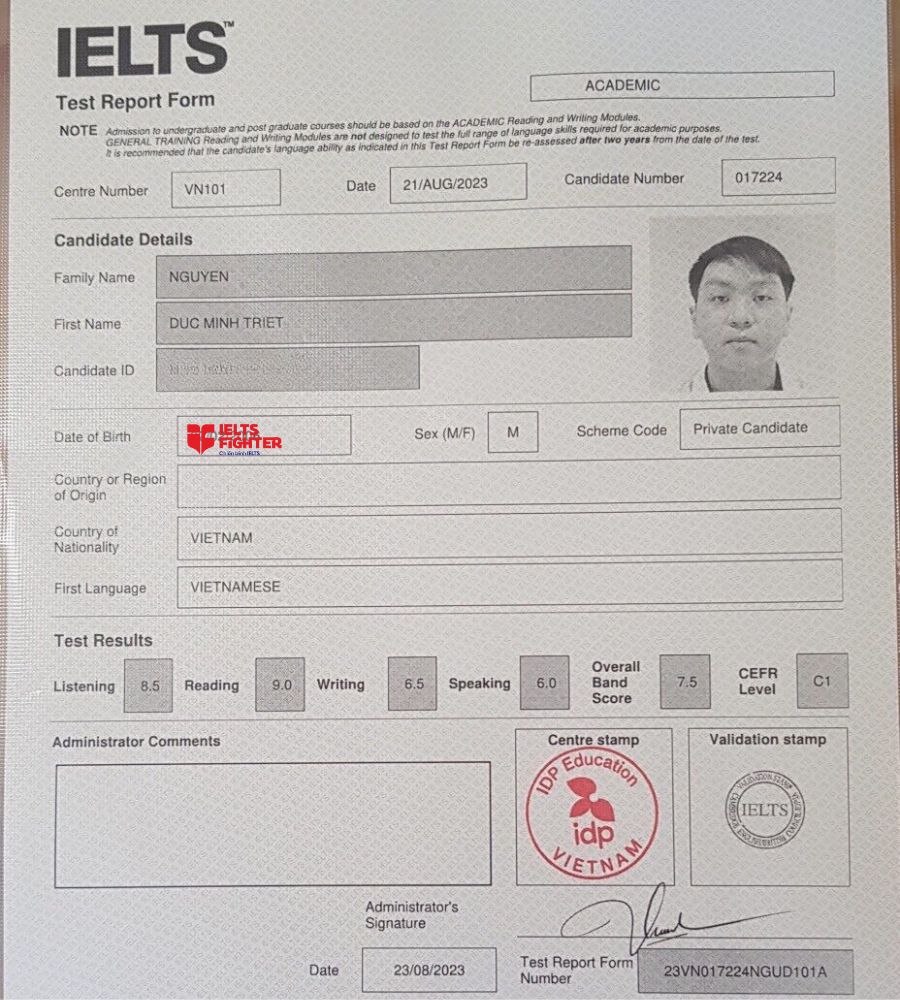 th&agrave;nh t&iacute;ch 7.5 ấn tượng của học vi&ecirc;n Minh Triết