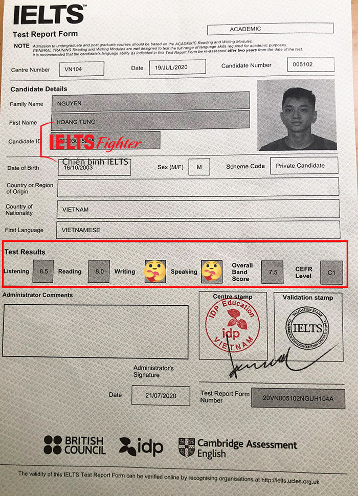 Bảng điểm Hoàng Tùng 7.5 IELTS