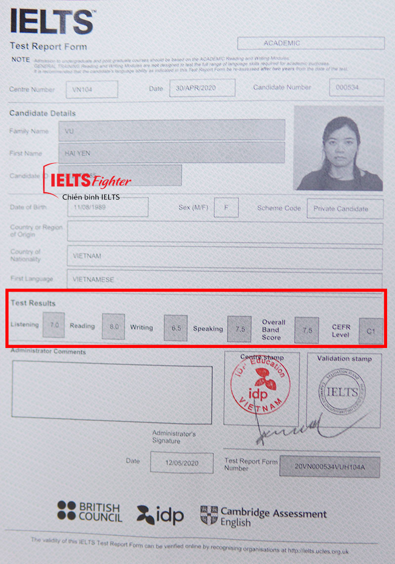 Bảng điểm Vũ Hải Yến 7.5 IELTS học viên IELTS Fighter