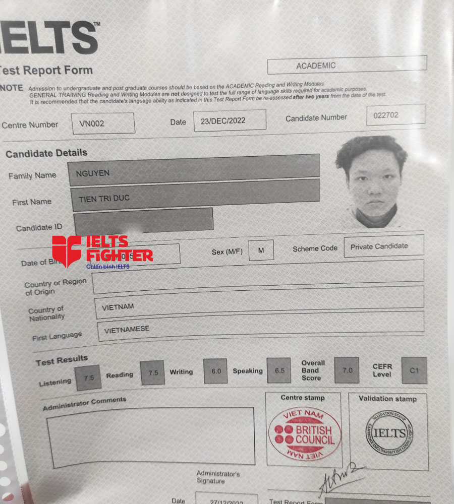 bảng điểm tr&iacute; đức 7.0 ielts