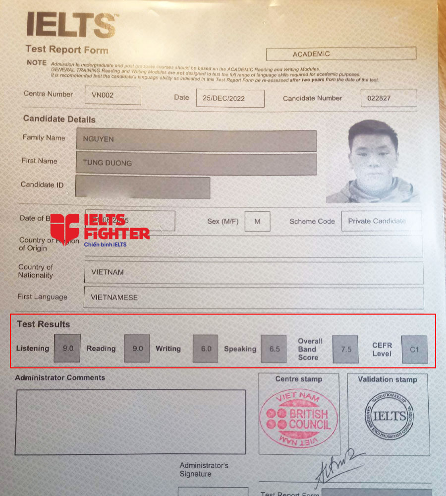 bảng điểm t&ugrave;ng dương 7.5 ielts