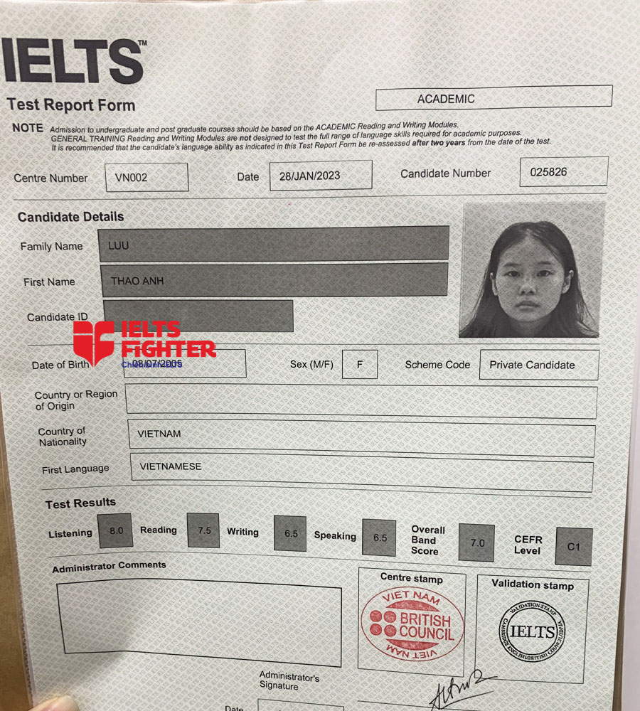 bảng điểm thảo anh 7.0 ielts