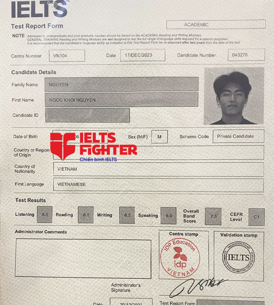bảng điểm Kh&ocirc;i Nguy&ecirc;n 7.5 IELTS