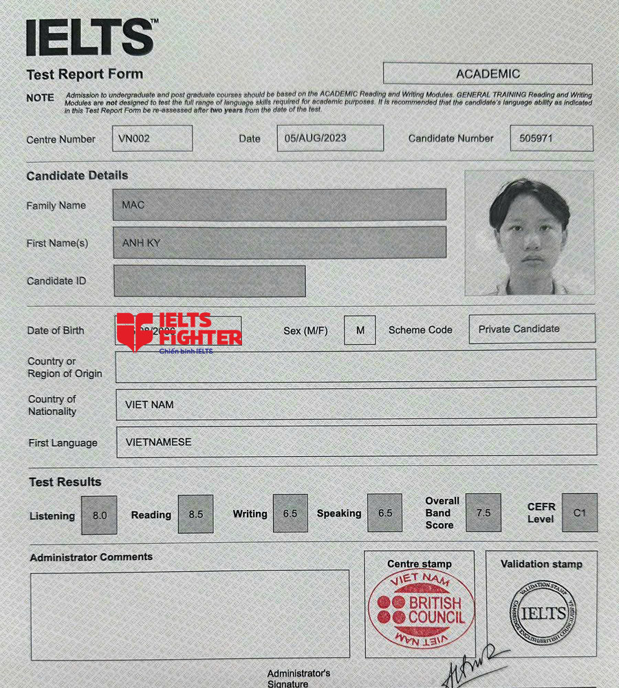 bảng điểm Anh Kỳ 7.5 IELTS