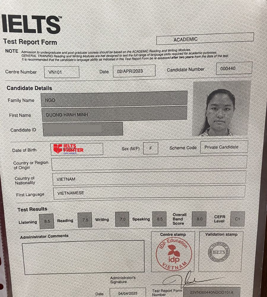 Hạnh Minh và thành tích 8.0 Overall