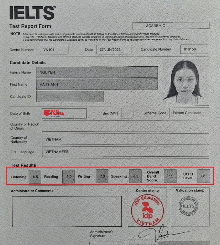 Hà Thanh thành công đạt 7.5 Overall