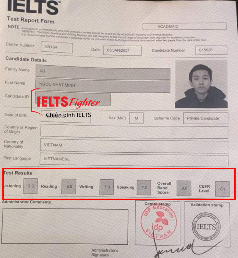 Bảng điểm 8.0 IELTS của Minh