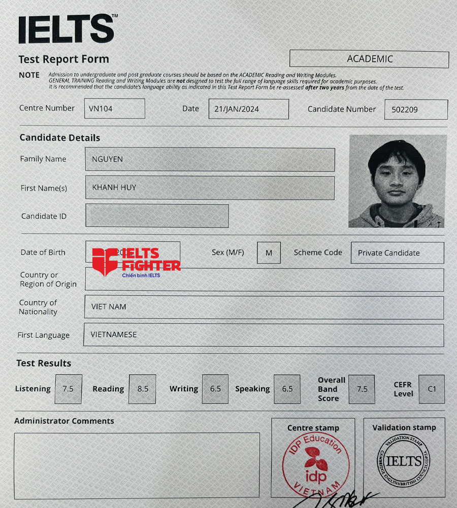 bảng điểm Kh&aacute;nh Huy 7.5 IELTS