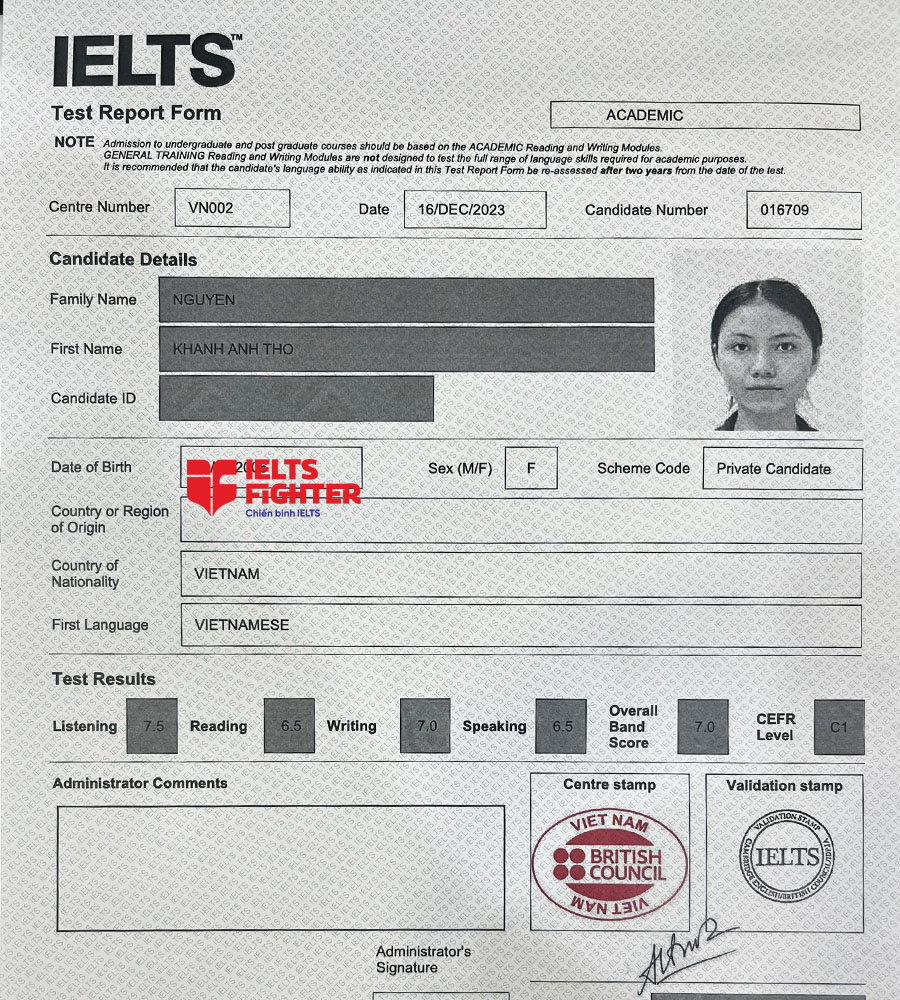 Bảng điểm kh&aacute;nh thơ 7.0 IELTS