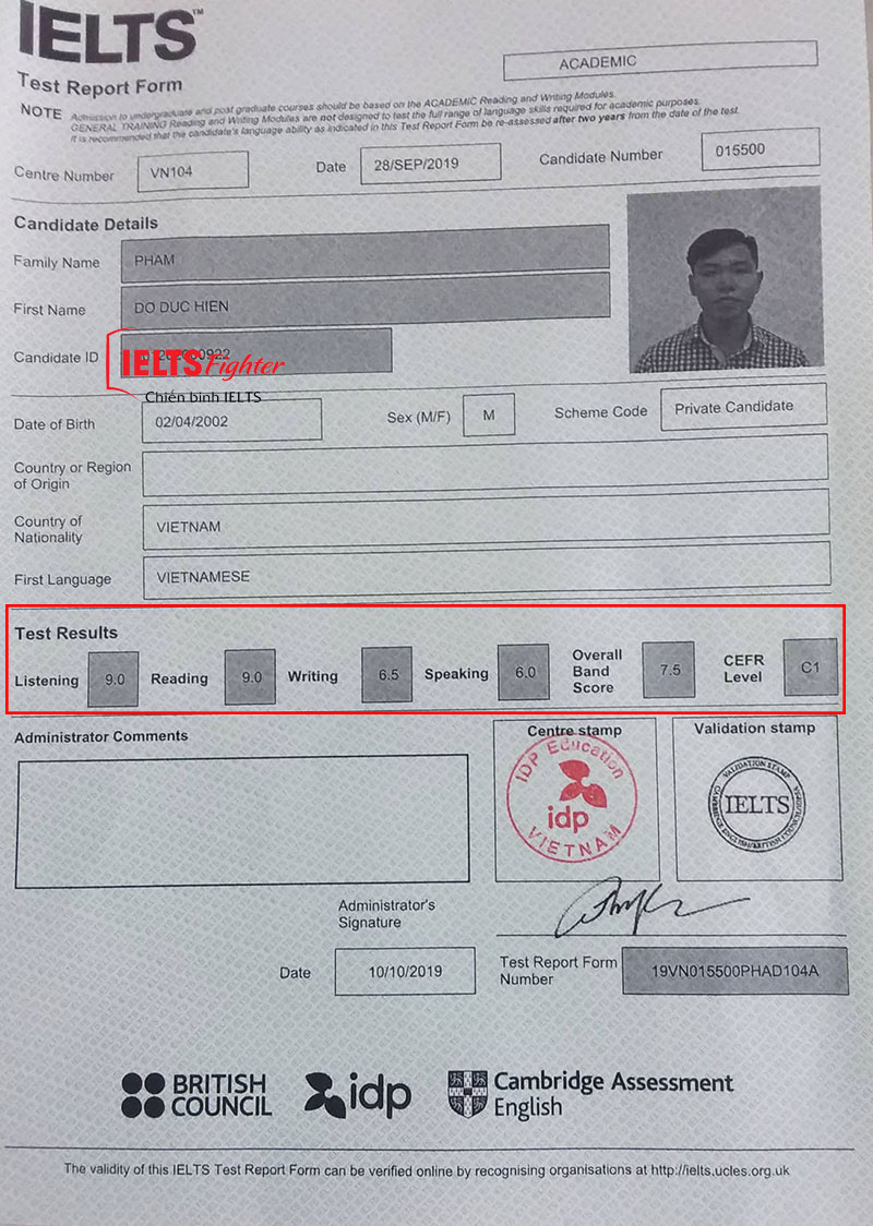 bảng điểm của Hiển