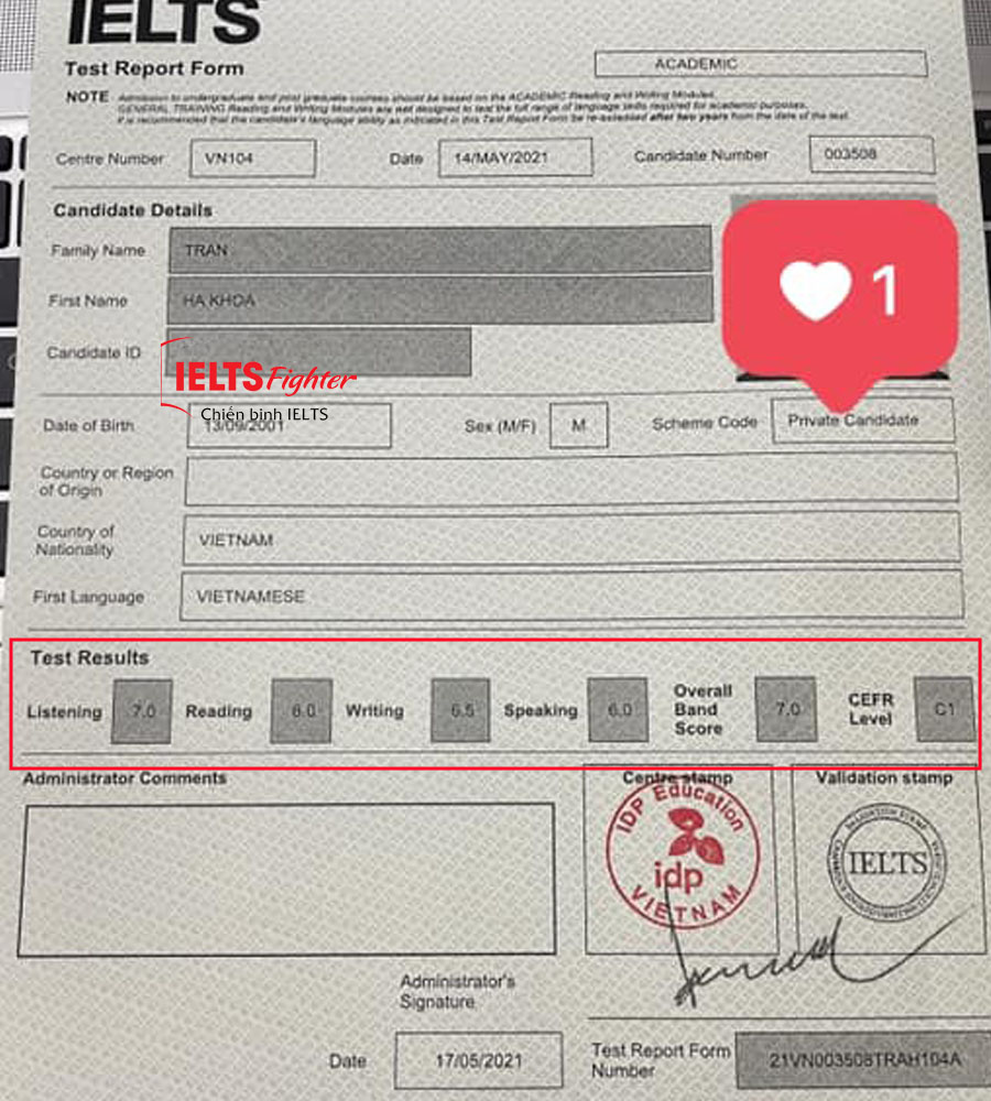 hà khoa 7.0 ielts
